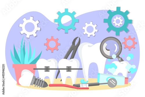 Oral treatment and dental braces. Stomatological problems, dental care and hygiene. Stomatology and orthodontics medical center concept flat vector illustration