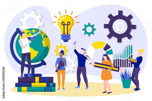 Tiny office employees working on project. Creative team at working process. Businesspeople developing successful strategy in coworking space. Cooperation, teamwork concept flat vector illustration