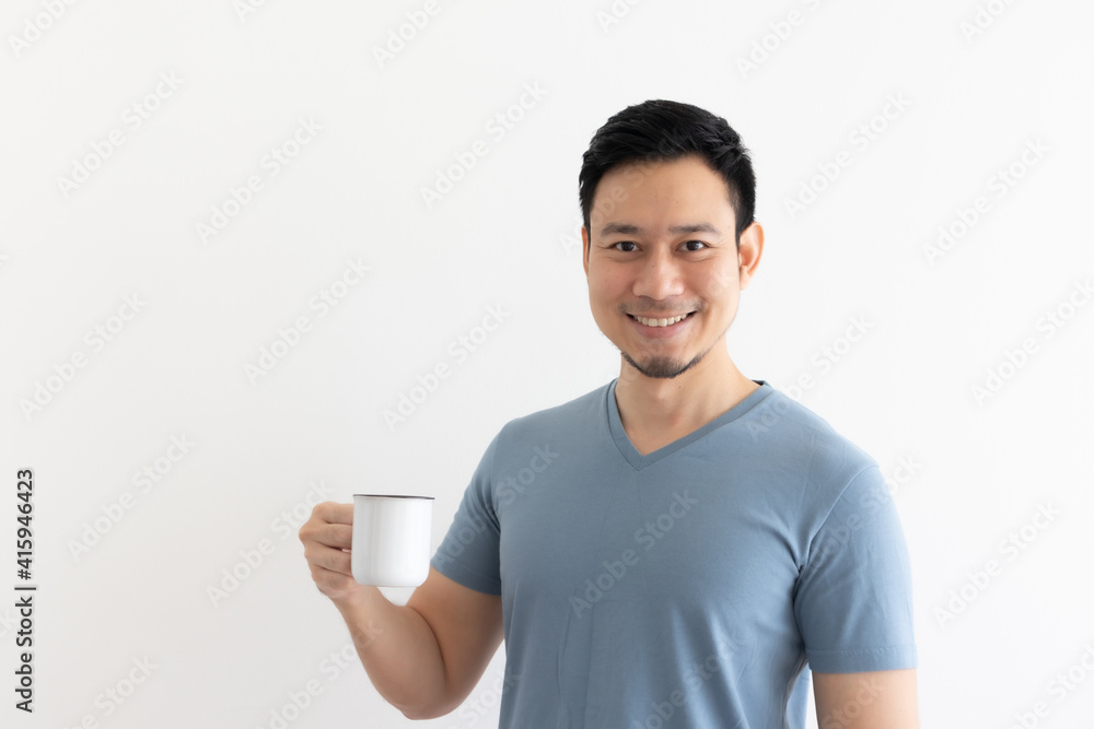 Happy smile face of Asian man drinks coffee on isolated background. Happy smile face of Asian man drinks coffee on isolated background.