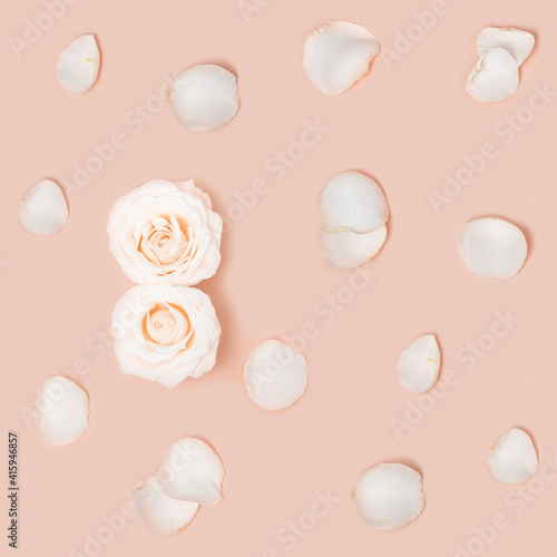 Delicate postcard on March 8 with two white flower roses as number eight and flying petals. International Womens Day. Floral decor invitation soft pink colored. Minimal style.