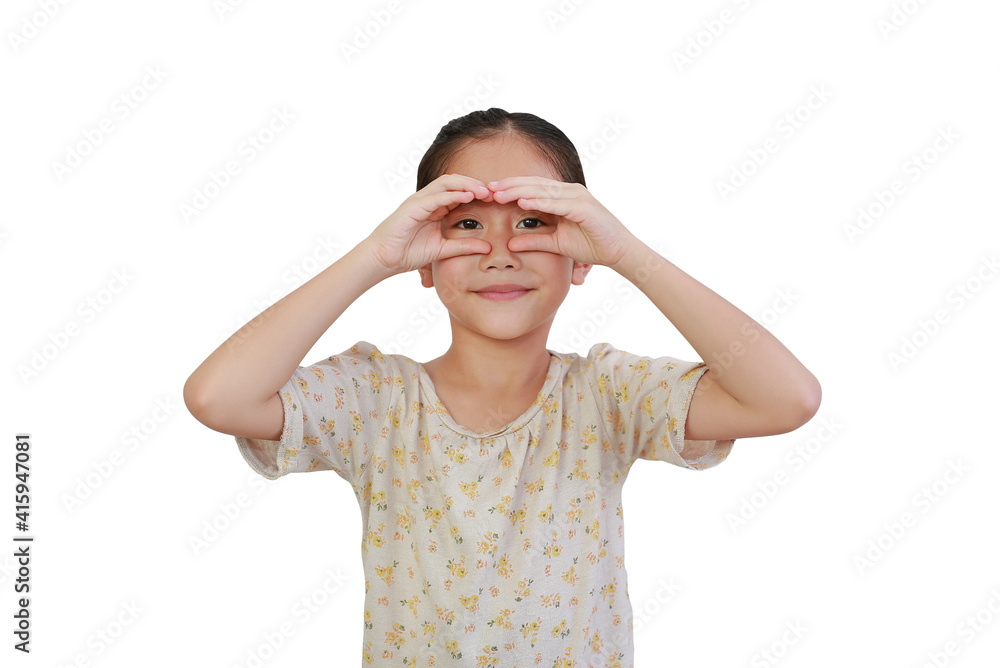 Asian little child girl looking through imaginary binocular isolated on white background with clipping path. Asian little child girl looking through imaginary binocular isolated on white background with clipping path.