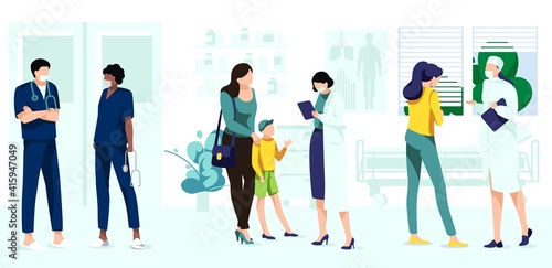 Professional doctors consulting patients set. Pediatrician medical treatment. Patients visiting doctor for medical check up. Hospital service, medical support concept cartoon vector illustration