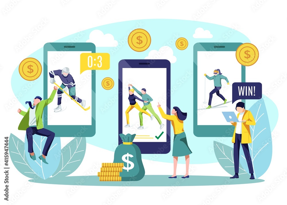 Betting sport online. Tiny people doing sports bets using smartphone app. Hockey, figure skating, skiing online sports with betting people and digital related asset flat vector illustration Betting sport online. Tiny people doing sports bets using smartphone app. Hockey, figure skating, skiing online sports with betting people and digital related asset flat vector illustration