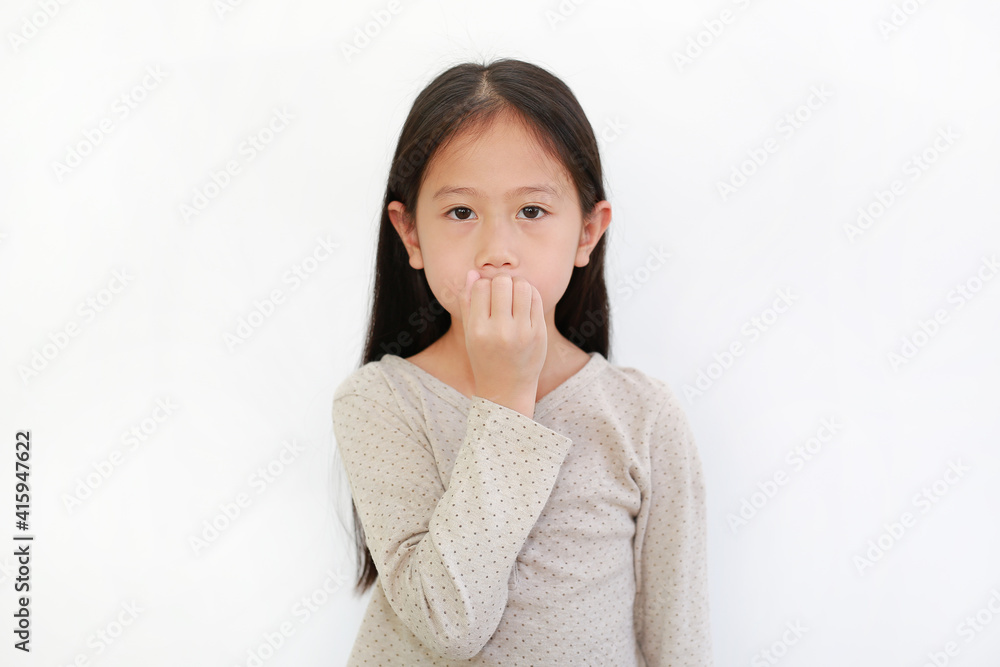Portrait of Asian little child girl sucking fingers in mouth isolated on white background. Portrait of Asian little child girl sucking fingers in mouth isolated on white background.