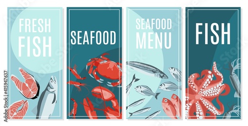 Fresh seafood card templates set. Seafood restaurant menu, fish market, shop design. Flyer, promotional banner, packaging with natural nutritious marine fishes and creatures flat vector illustration