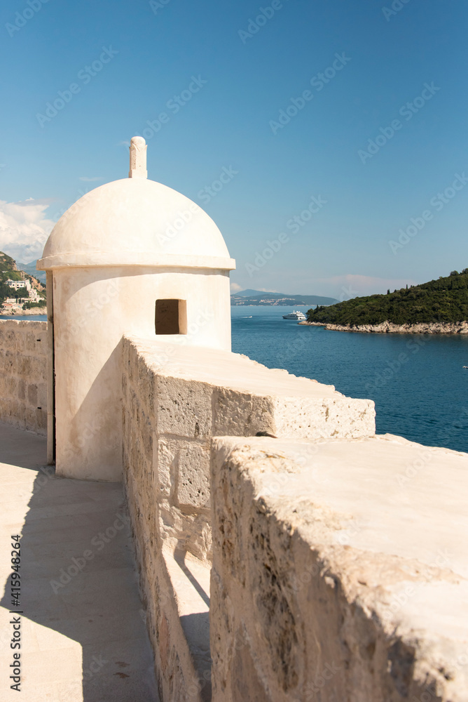Croatia, Dubrovnik. Lookout turret tower on wall.
