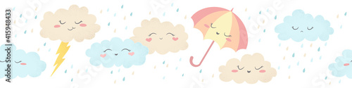 Seamless horizontal vector pattern with cute hand drawn cartoon clouds, umbrellas and raindrops isolated on white background. Design for print, fabric , wallpaper, card