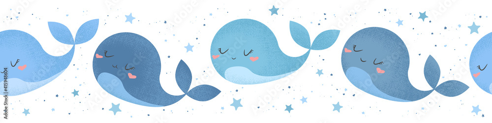 Seamless vector horizontal pattern with cute hand drawn blue whales ...