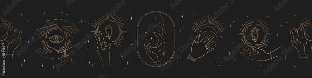 Vector horizontal seamless mysterious pattern with gold abstract hands ...