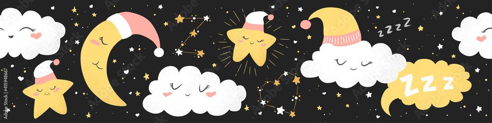 Vector horizontal seamless pattern with cute hand drawn cartoon clouds, moon and stars isolated on black background. Design for print, fabric, wallpaper, card, textile, baby room decoration Vector horizontal seamless pattern with cute hand drawn cartoon clouds, moon and stars isolated on black background. Design for print, fabric, wallpaper, card, textile, baby room decoration