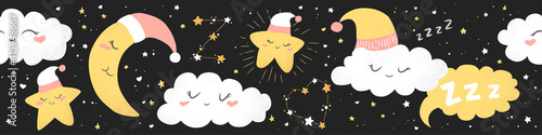 Vector horizontal seamless pattern with cute hand drawn cartoon clouds, moon and stars isolated on black background. Design for print, fabric, wallpaper, card, textile, baby room decoration