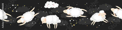 Vector horizontal seamless pattern with cute hand drawn cartoon sheeps, clouds, stars isolated on black background. Design for print, fabric, wallpaper, card, baby room decoration, banner