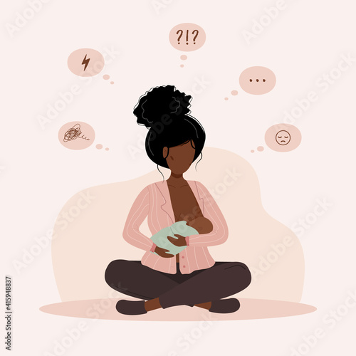 Breastfeeding problems and questions. Postpartum depression. African woman holding newborn baby. Young mother needs psychological help. The lactation consultant. Vector illustration in cartoon style. photo