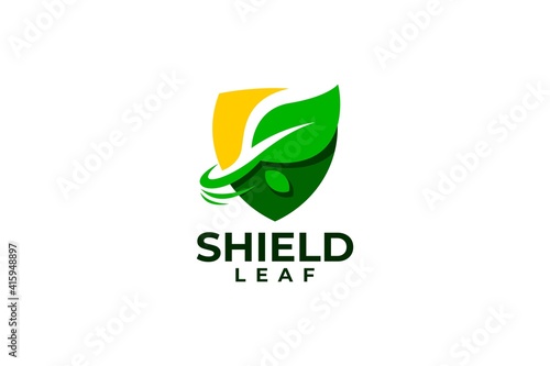 illustration of shield and leaf. nature logo vector.