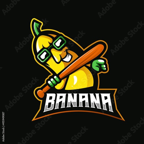 Banana with glasses and baseball stick, Banana cartoon logo in sport style, mascot logo illustration design vector