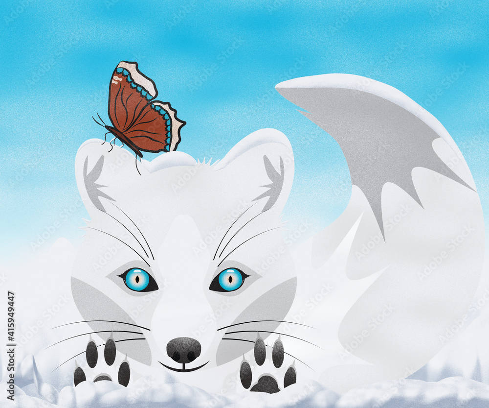 Fototapeta premium White Arctic Fox Playing in the Snow with a Mourning Cloak Butterfly