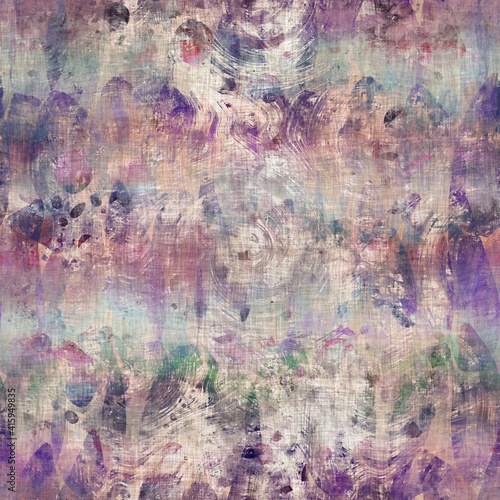 Seamless purple and cream textured mixed media pattern print. High quality illustration. Artistic digital faux collage or paint design for print for surface design in any application.
