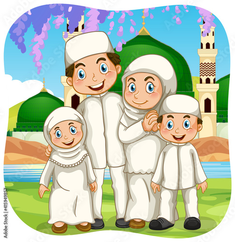 Outdoor scene with muslim family cartoon character