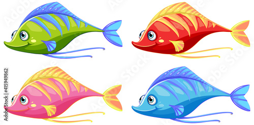 Set of many funny fishes cartoon character isolated on white background