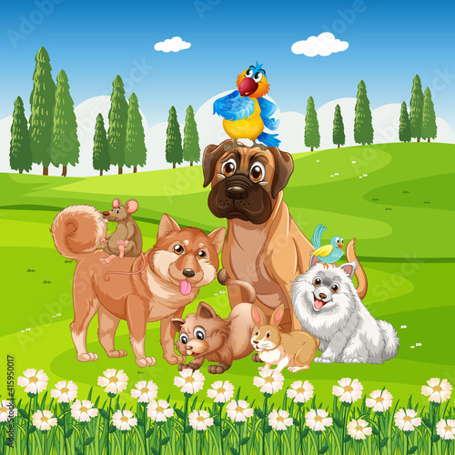 Group of pet in the park scene