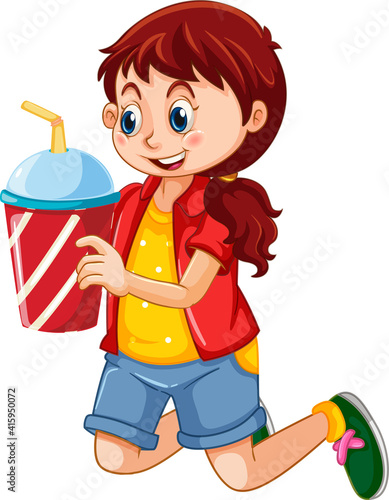A cute girl holding drink cup cartoon character isolated on white background