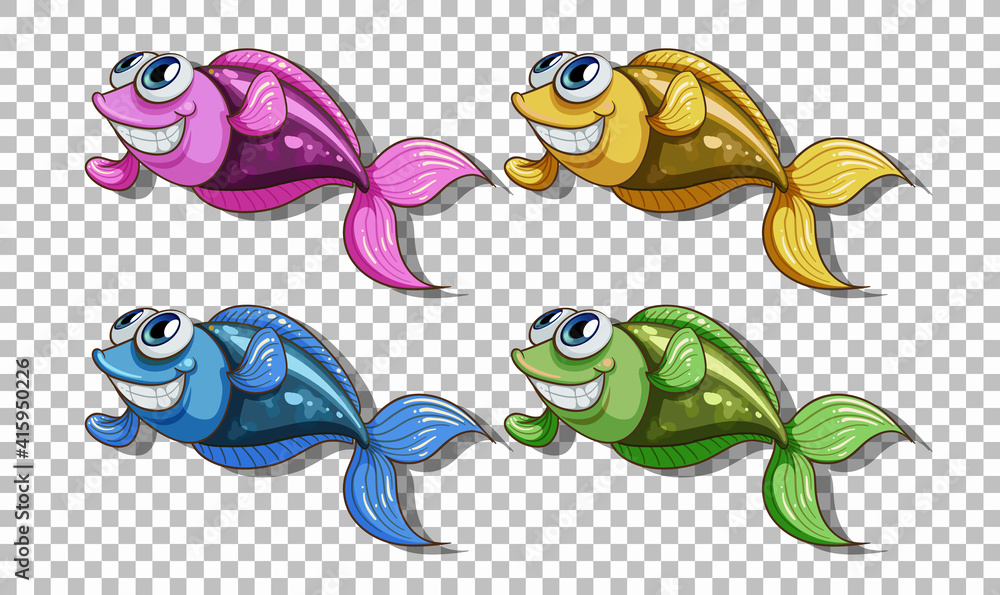 Set of many fishes cartoon character isolated on transparent background