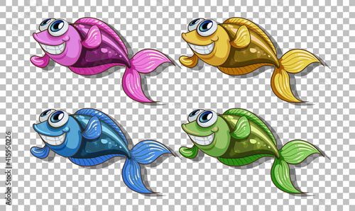 Set of many fishes cartoon character isolated on transparent background