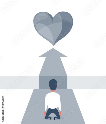 No way to love. Love, relationship and search concept. Flat design. Sad businessman kneeling and looking down over big gap on way . Big fail.