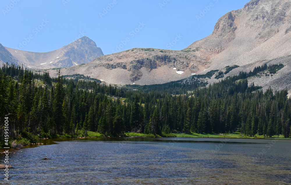 magnificent mount toll and mount audobon as seen from mitchell lake on a sunny summer day along the blue lake  trail in the indian peaks wilderness area near nederland, colorado