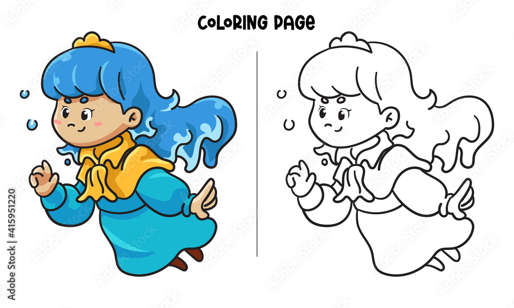 Fototapeta premium Blue Princess Playing With Bubbles Coloring Page and Book