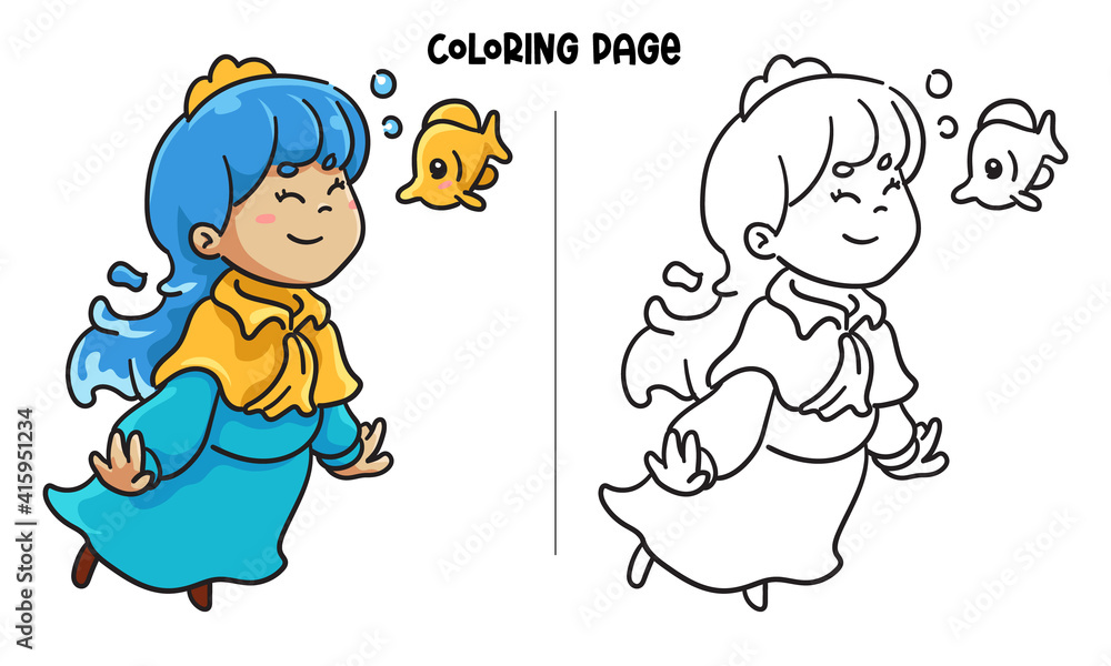 Blue Princess With A Little Fish Coloring Page and Book