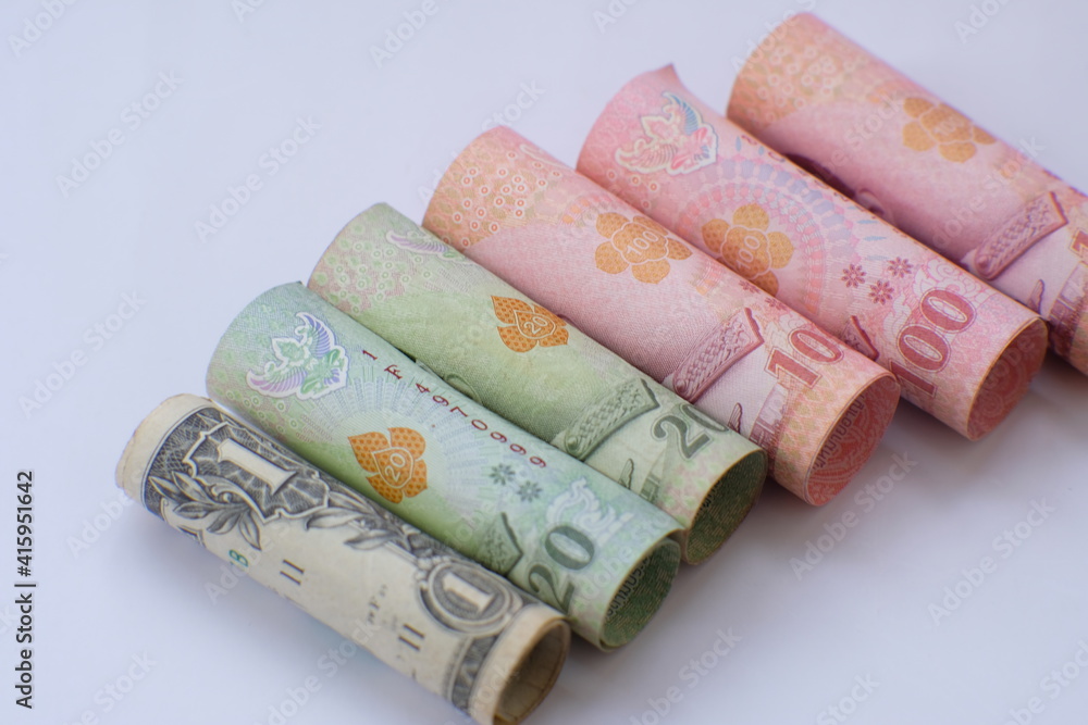 Money banknote and coin on white background, business or finance saving money and business growth concept Money banknote and coin on white background, business or finance saving money and business growth concept