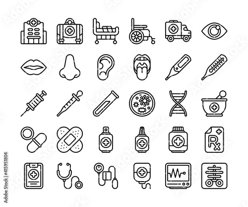 Health and medical icon set in detailed outline style