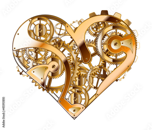 Vector illustration of golden mechanical heart. Heart as a mechanism