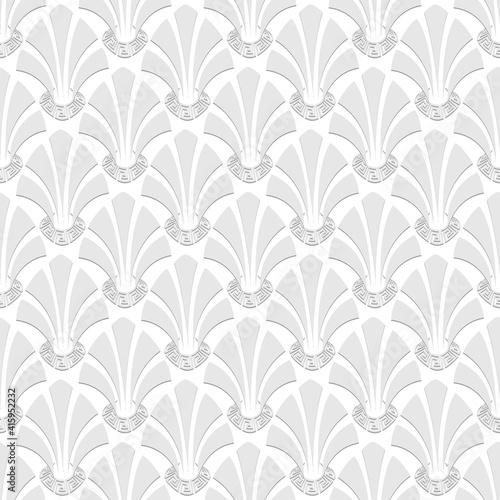 Floral greek seamless pattern. Vector white background. Geometric greek key  meanders abstract ornament with flowers  shapes. Ornate endless repeat texture. Elegant decorative light backdrop