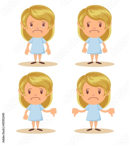 Little girl show disagreement with thumb down gesture. Small discontented school girl. Child shows gesture disapproval, dislike, discontent. Isolated over white background.