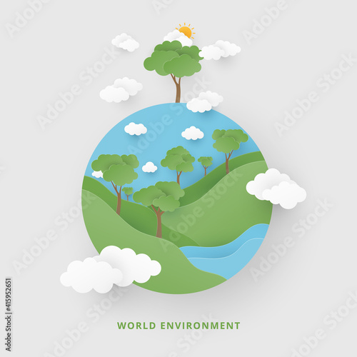 World environment day concept. Paper cut style with world, tree, sun and clouds. Save the Earth concept. Vector illustration.