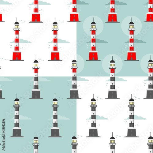 lighthouse seamless pattern on a blue background. Vector flat design illustration.
