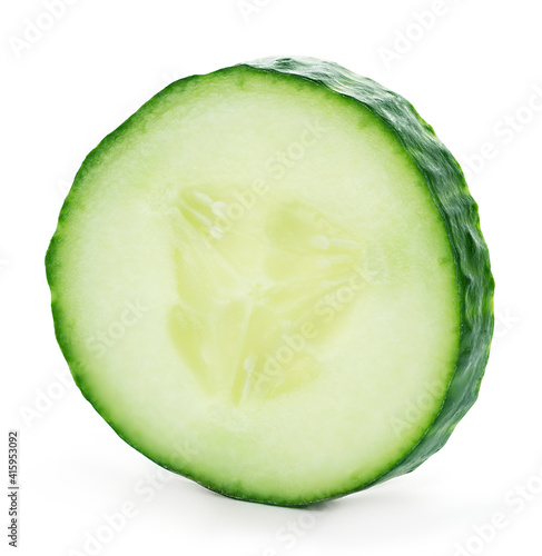Cucumber slice close up isolated on white background.