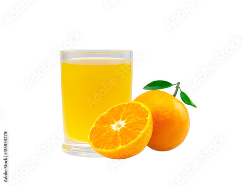 Fresh orange juice in glass or bottle with fruits, isolated on white