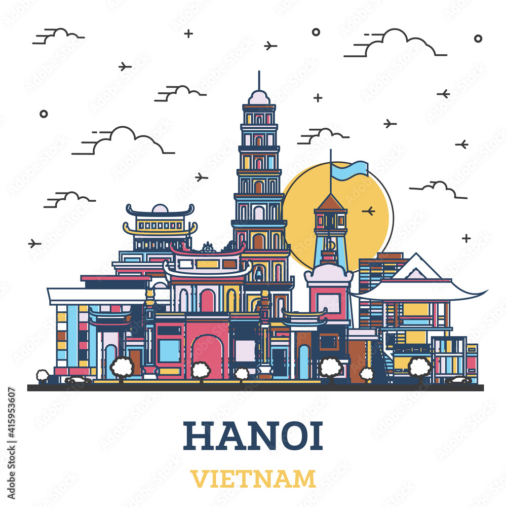 Outline Hanoi Vietnam City Skyline with Colored Historic Buildings Isolated on White.
