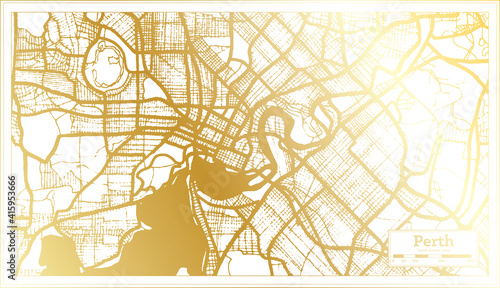 Perth Australia City Map in Retro Style in Golden Color. Outline Map.