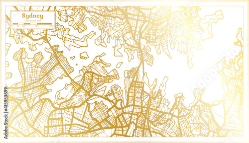 Sydney Australia City Map in Retro Style in Golden Color. Outline Map.