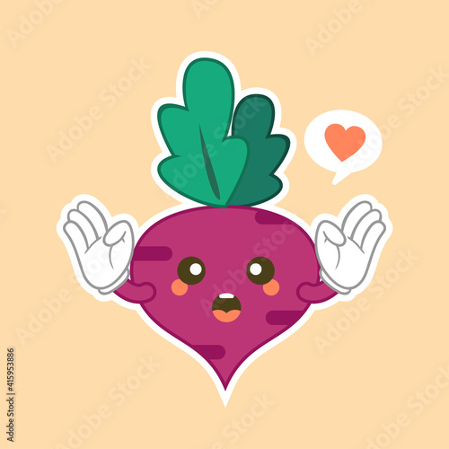 Beetroot character flat design. Isolated cartoon purple beetroot with kawaii face on color background. Colorful friendly purple beet vegetable. Cute design For vegetarian, vegan product.