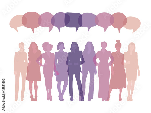 Business women team saying different opinion, woman silhouette and colorful speech clouds illustration