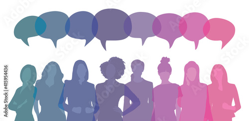 Business women portrait silhouette talking, girl power colorful illustration, worker team silhouettes vectors