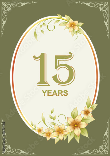 15th Anniversary celebration, greeting card with flowers in an oval frame on green background with pattern, happy birthday 15 years. Vector illustration
