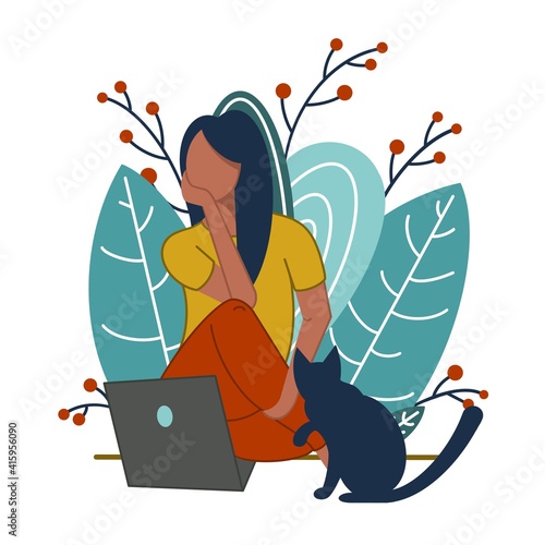 Young woman sits with a laptop and a cat on the background of nature. Freelance, online training. Quarantine, self-isolation.