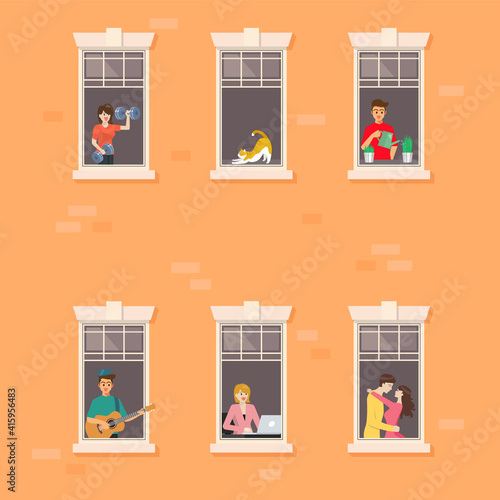 Apartment building facade with neighbor people in open windows