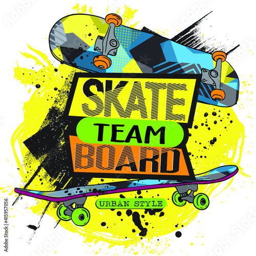 Typography hand drawn skateboard print with slogan - Born to skate. bright print for prints, clothes, t shirt, child or wrapping  paper. Creative kids original design 